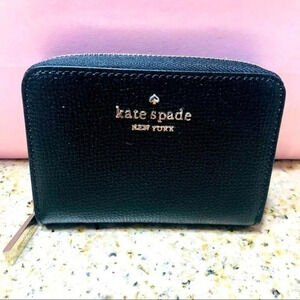Kate Spade New York Black Refined Grain Leather Compact Zip Wallet Card Case NWT
